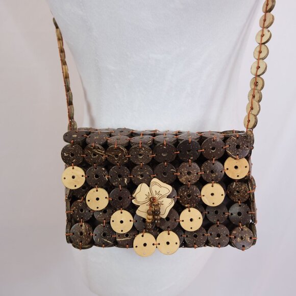 Rare Vintage Handcrafted Daisy Life Coconut Shell Beaded Bag With Floral Design - Picture 2 of 6